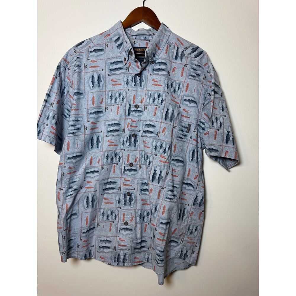 Woolrich Mens Large Short Sleeve Fishing Print‎ Button Down Shirt Blue Novelty
